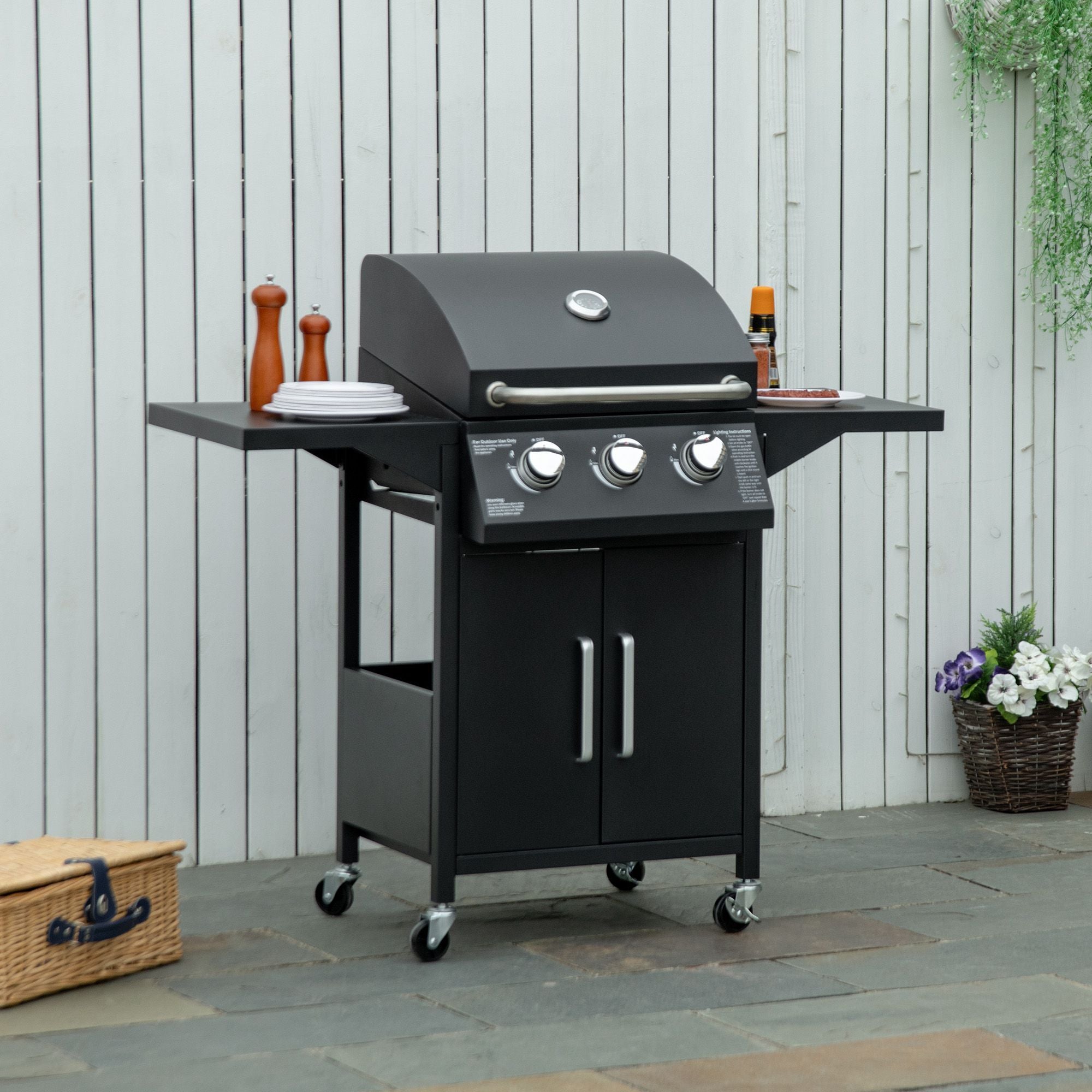 3 Burner Gas Grill Portable BBQ with Wheels in Black Secondary image