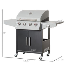 52" Barbecue Grill with Wheels, 4+1 Burner Liquid Propane Gas Grill in Silver