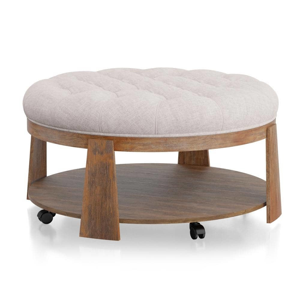 Deep Tufted Ottoman Seat with Open Shelf, Natural