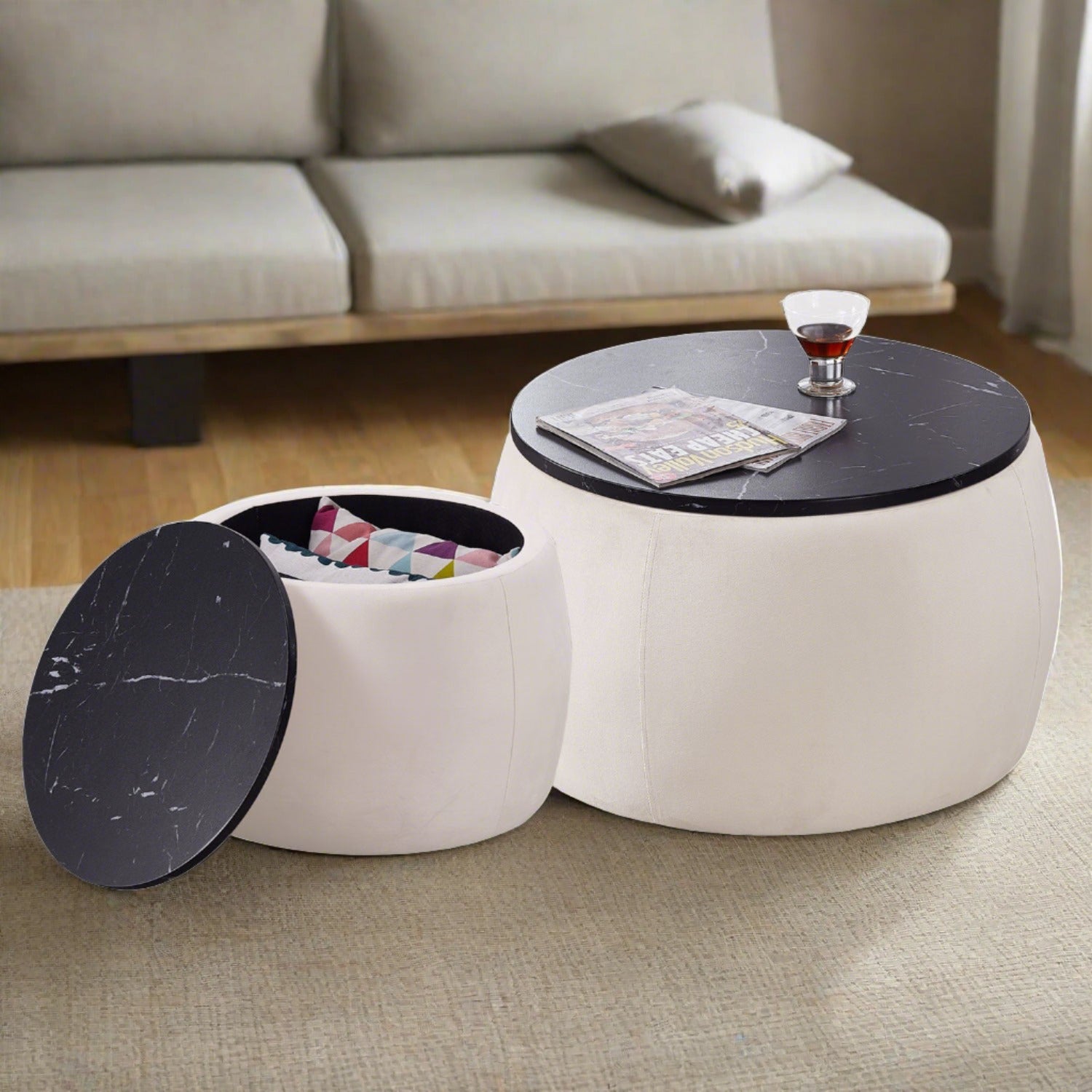 Set of 2 Nesting Round Storage Ottoman Coffee Table Footstool Main image
