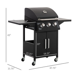 3 Burner Gas Grill Portable BBQ with Wheels in Black