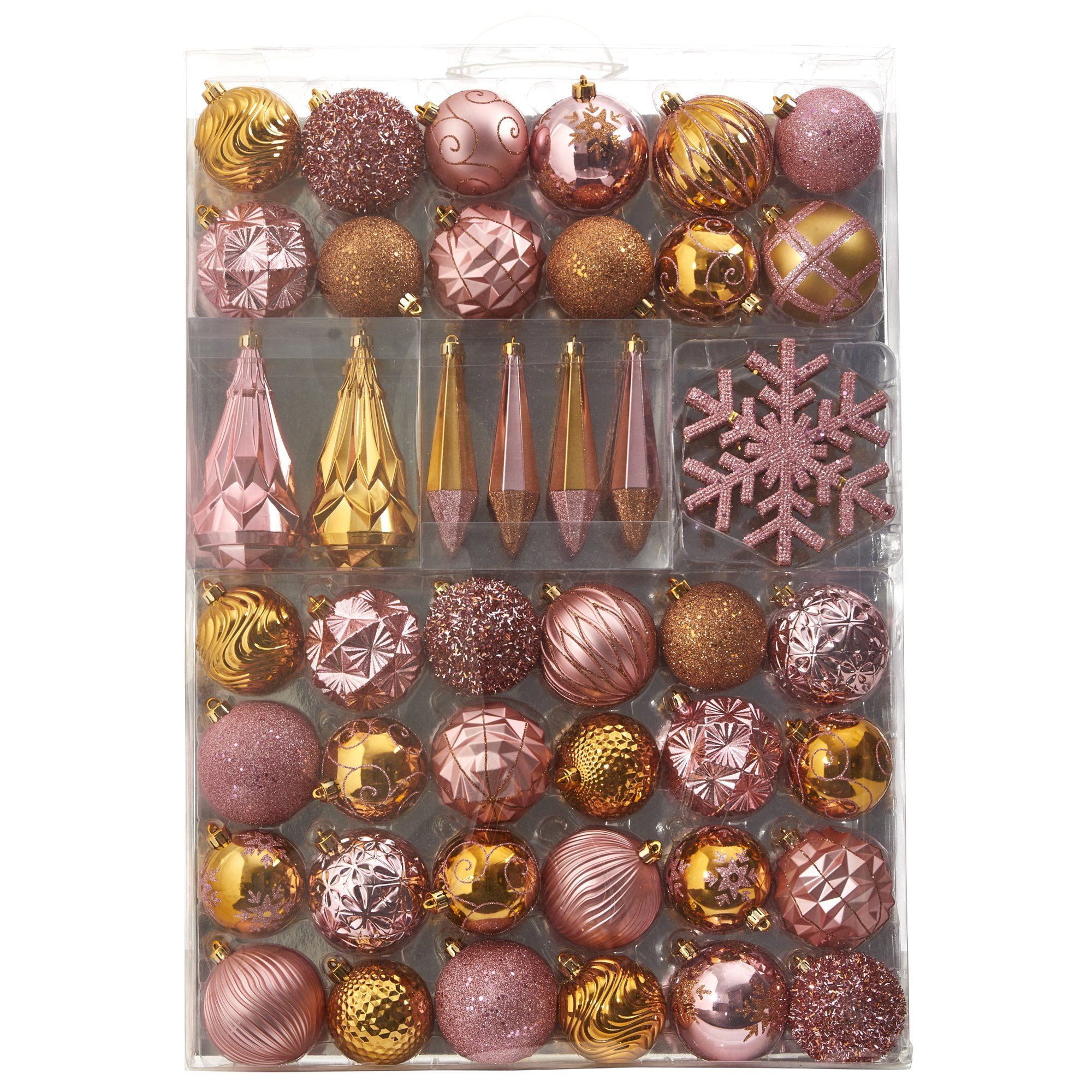 Holiday Shatterproof, 52 Count Christmas Tree Ornament Box Set, 80mm to 150mm with Reusable Tray Pink