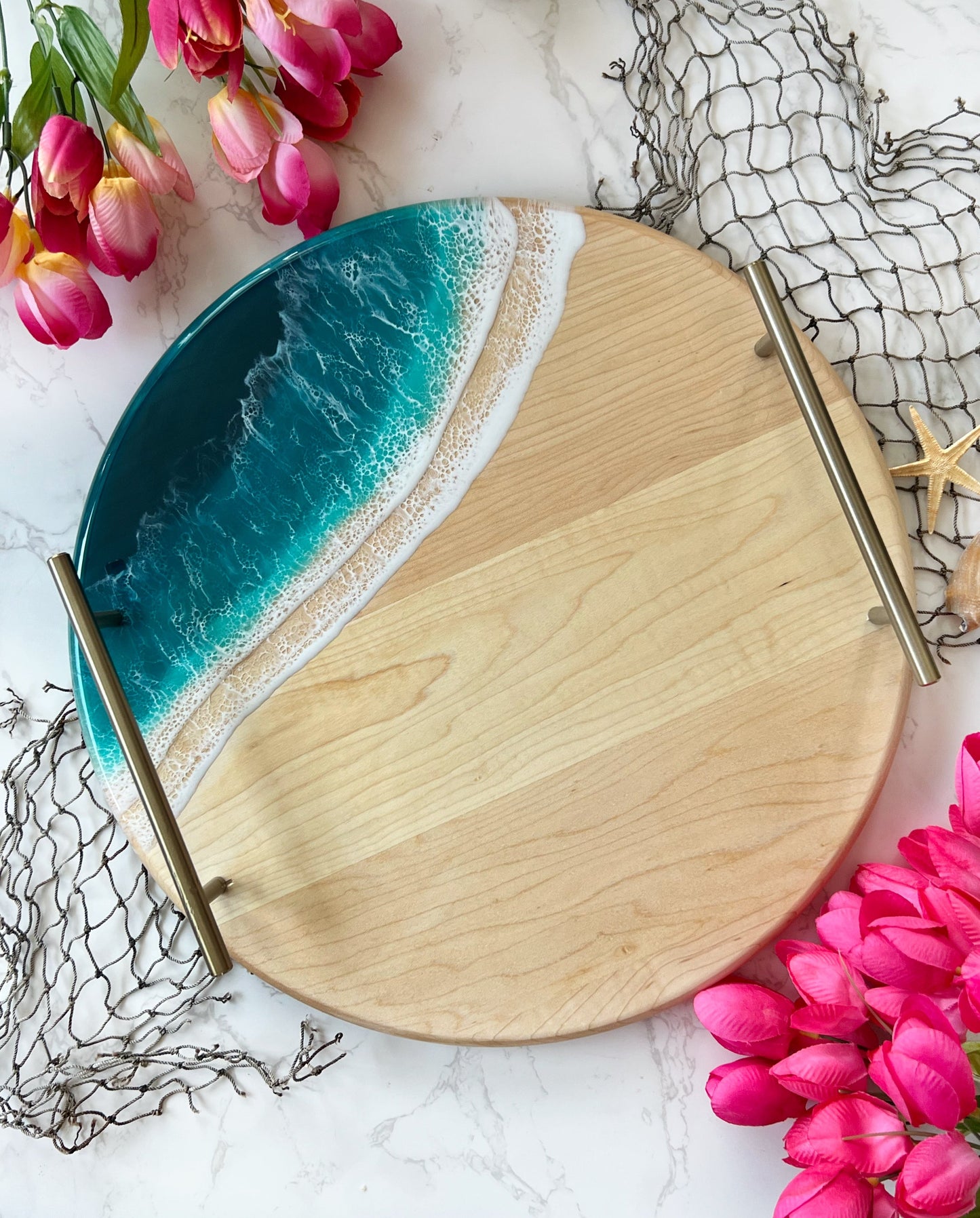Medium Round Serving Tray Maple Bali Breeze (Dark Turquoise) Gold Round