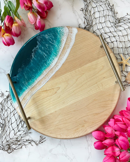 Medium Round Serving Tray Maple Bali Breeze (Dark Turquoise) Gold Round