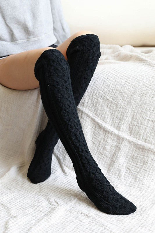 Knee High Cable Knit Socks Black Default