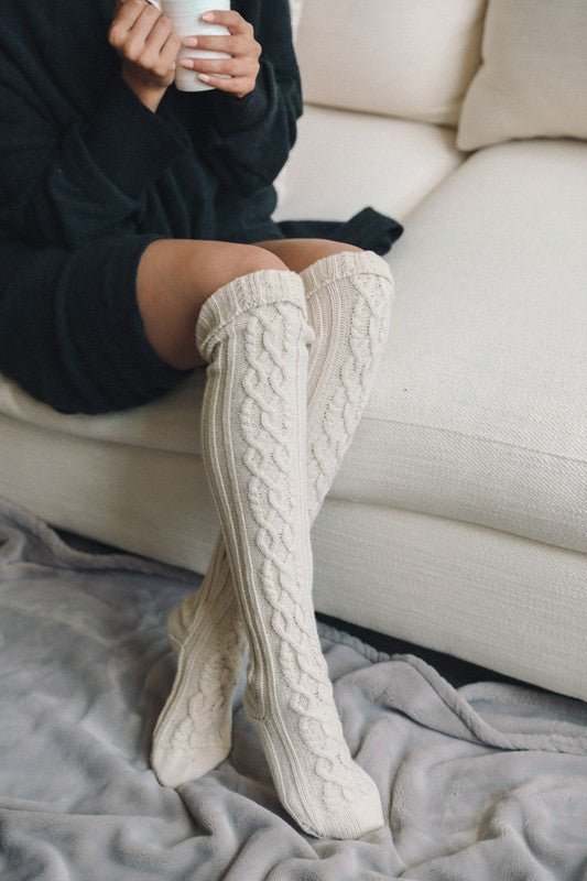 Knee High Cable Knit Socks Ivory Default