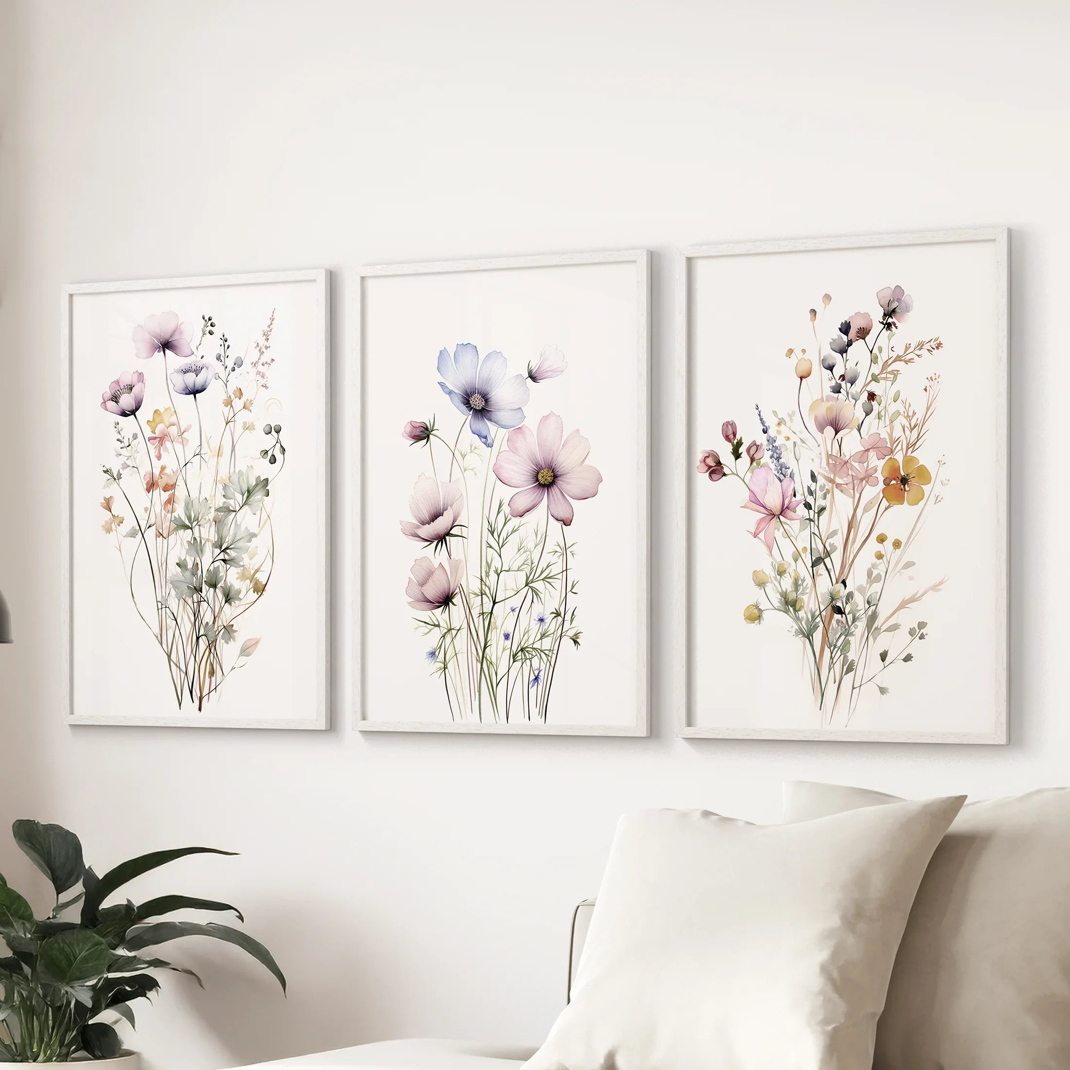 Watercolor Floral Wall Art. Set of 3 Botanical Prints Framed: White Oak