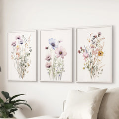 Watercolor Floral Wall Art. Set of 3 Botanical Prints Framed: White Oak