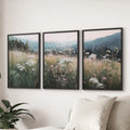 Meadow Landscape Wall Art Set of 3. Nature Prints Framed: Black Oak