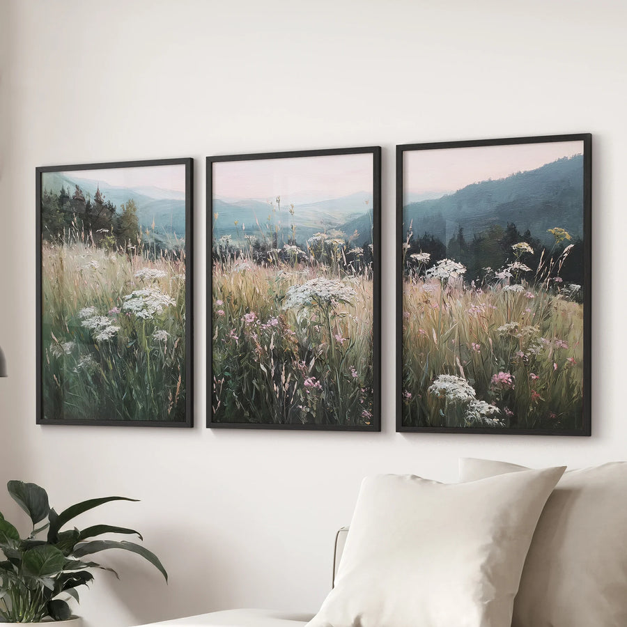 Meadow Landscape Wall Art Set of 3. Nature Prints Framed: Black Oak