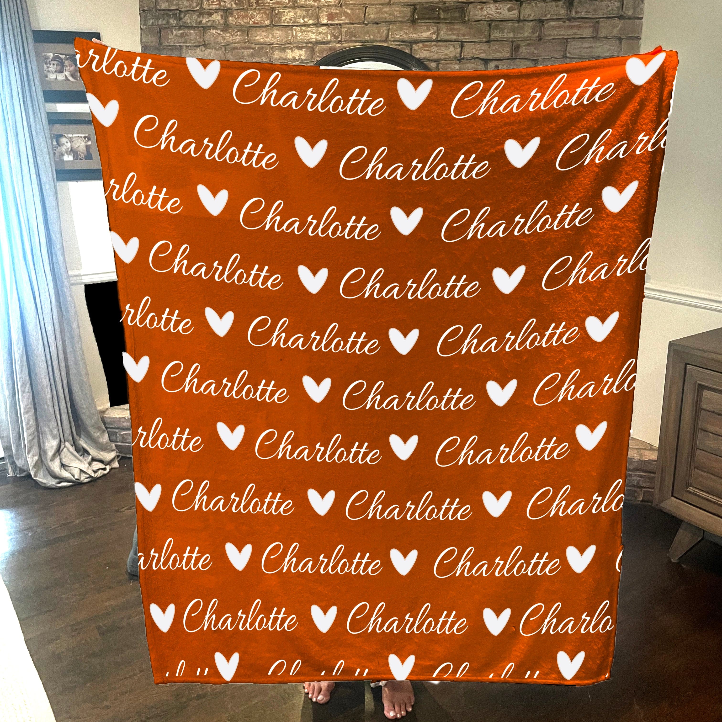 Personalized Cozy Plush Fleece blanket with Name & Hearts Orange