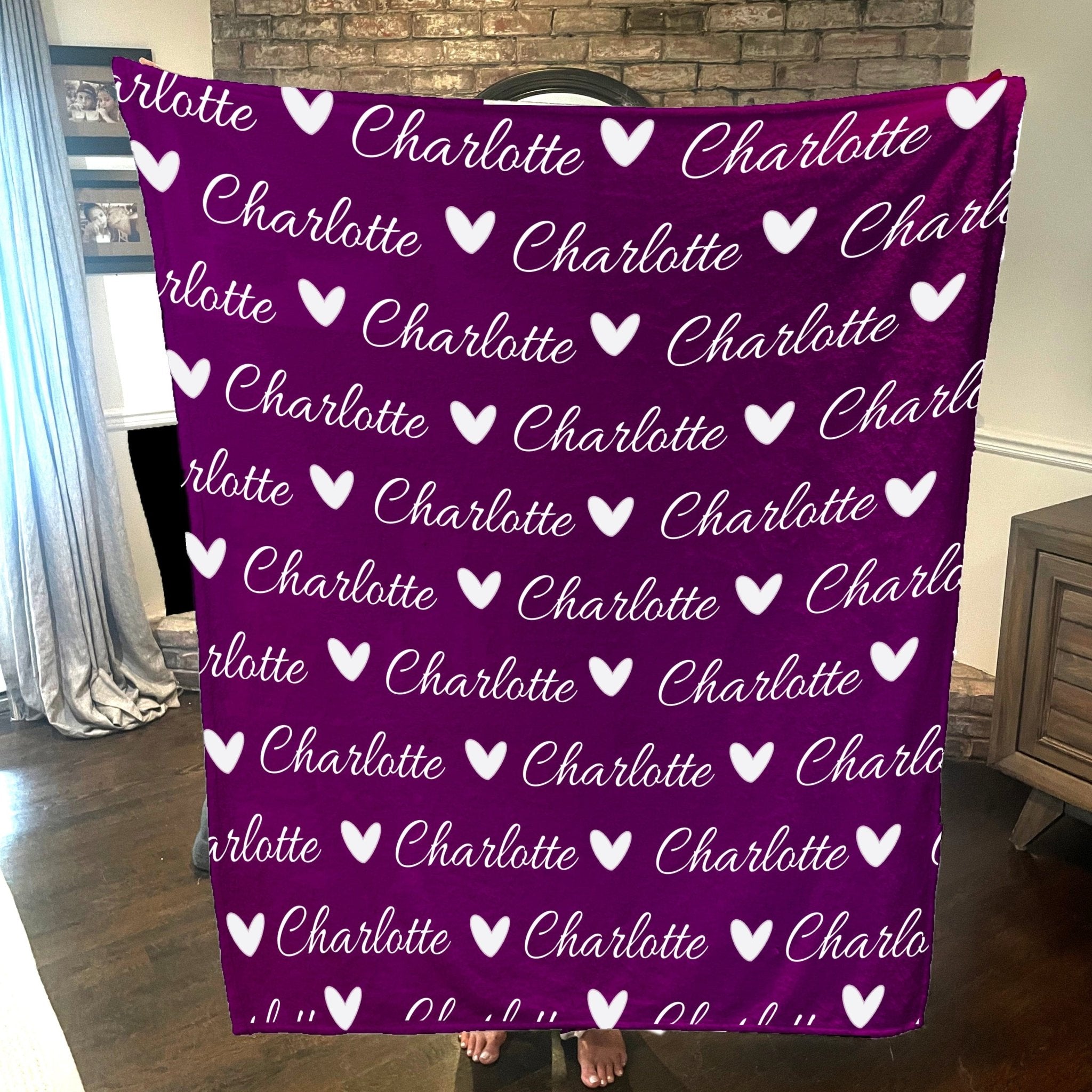 Personalized Cozy Plush Fleece blanket with Name & Hearts Purple