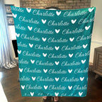 Personalized Cozy Plush Fleece blanket with Name & Hearts Aqua