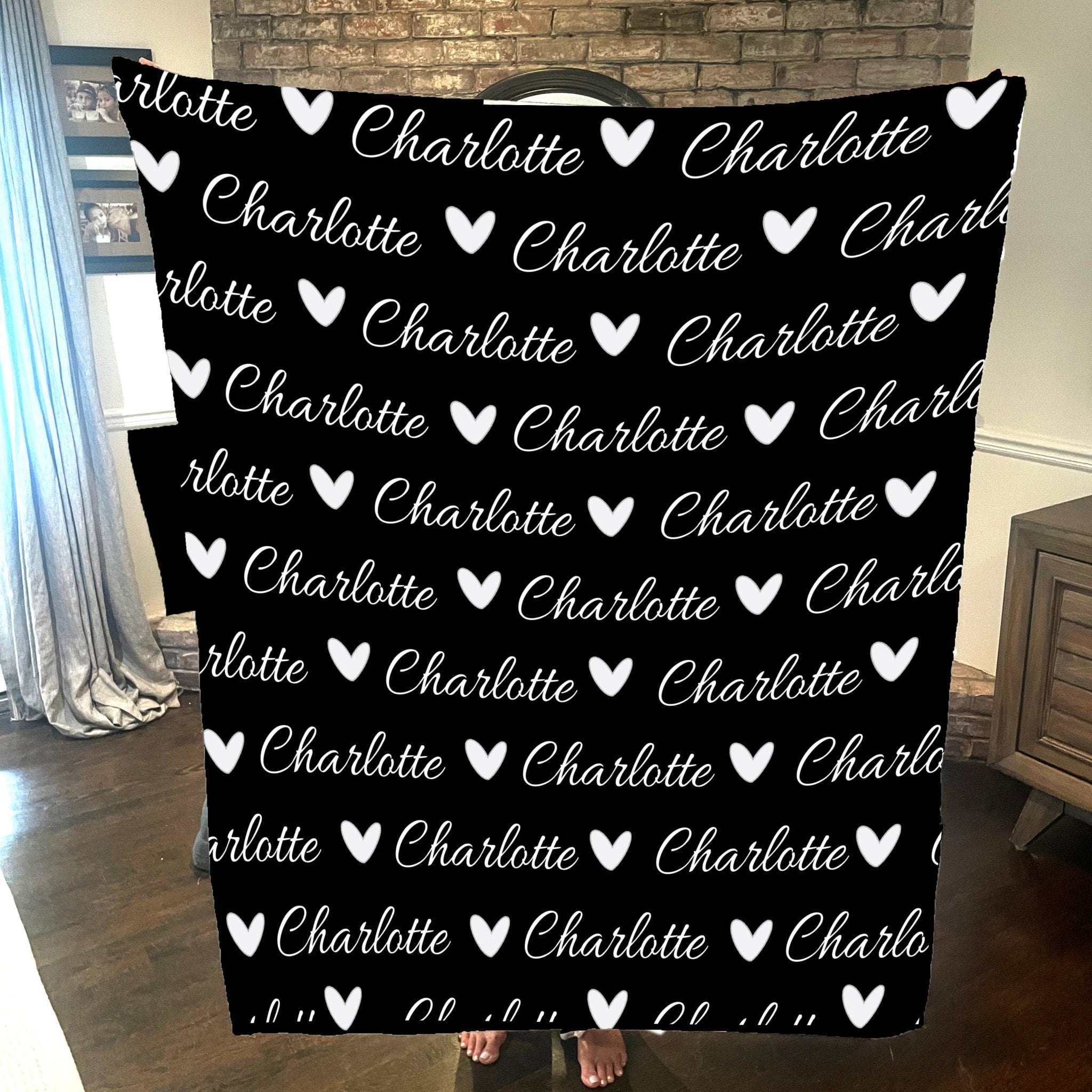 Personalized Cozy Plush Fleece blanket with Name & Hearts Black