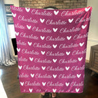 Personalized Cozy Plush Fleece blanket with Name & Hearts Pink