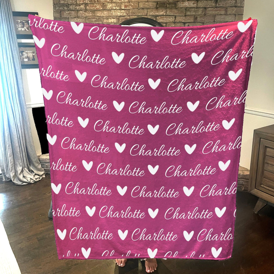 Personalized Cozy Plush Fleece blanket with Name & Hearts Pink