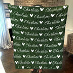 Personalized Cozy Plush Fleece blanket with Name & Hearts Green