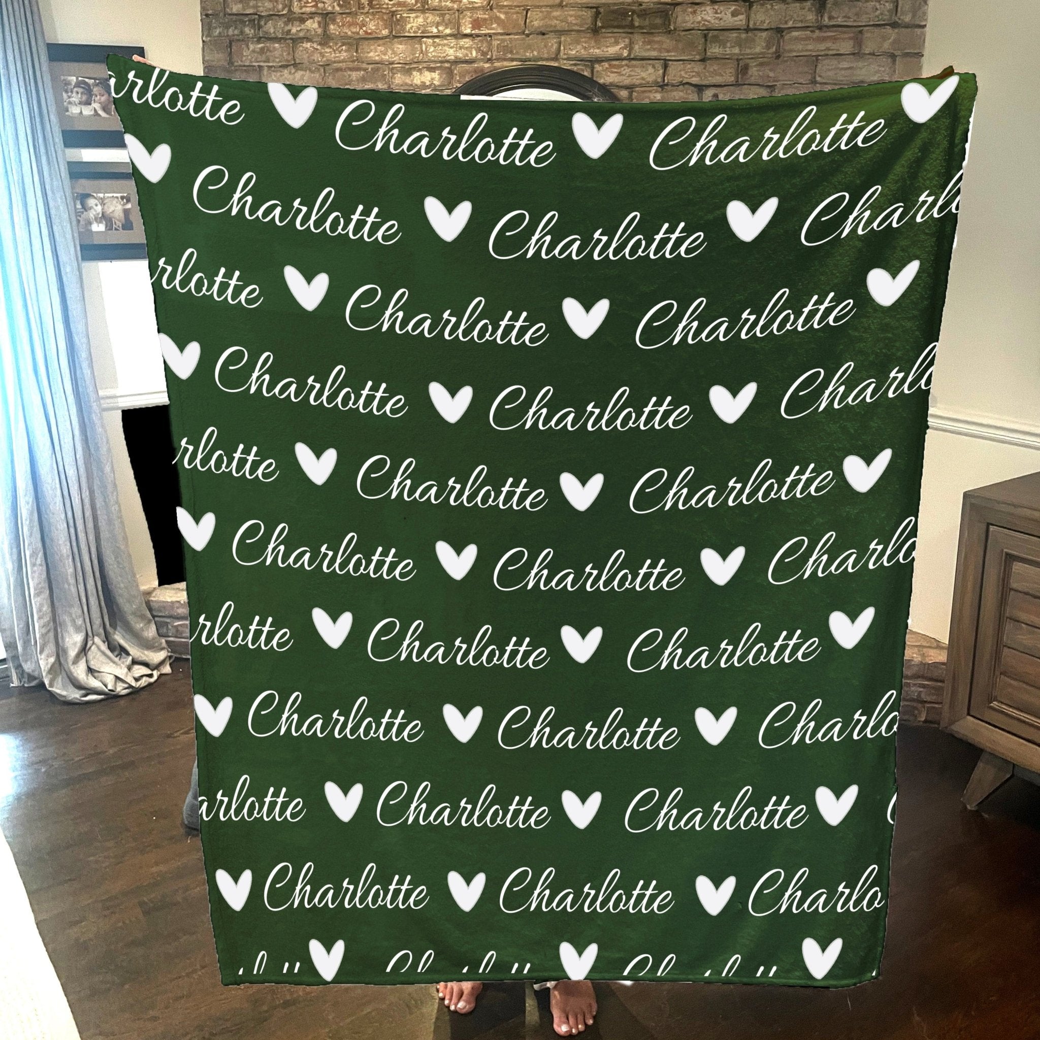 Personalized Cozy Plush Fleece blanket with Name & Hearts Green