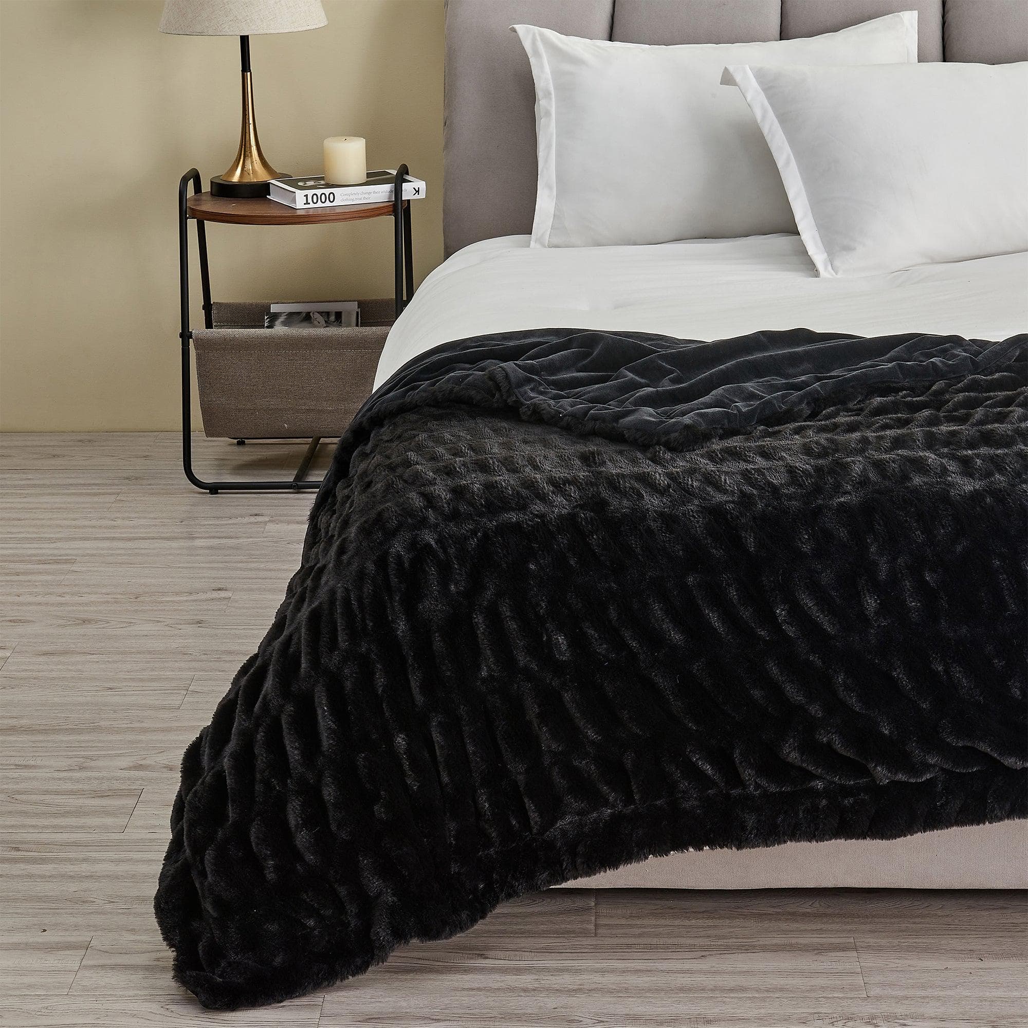 Ruched Faux Fur Throw Blanket – Alondra Collection 50" x 60" Throw Black