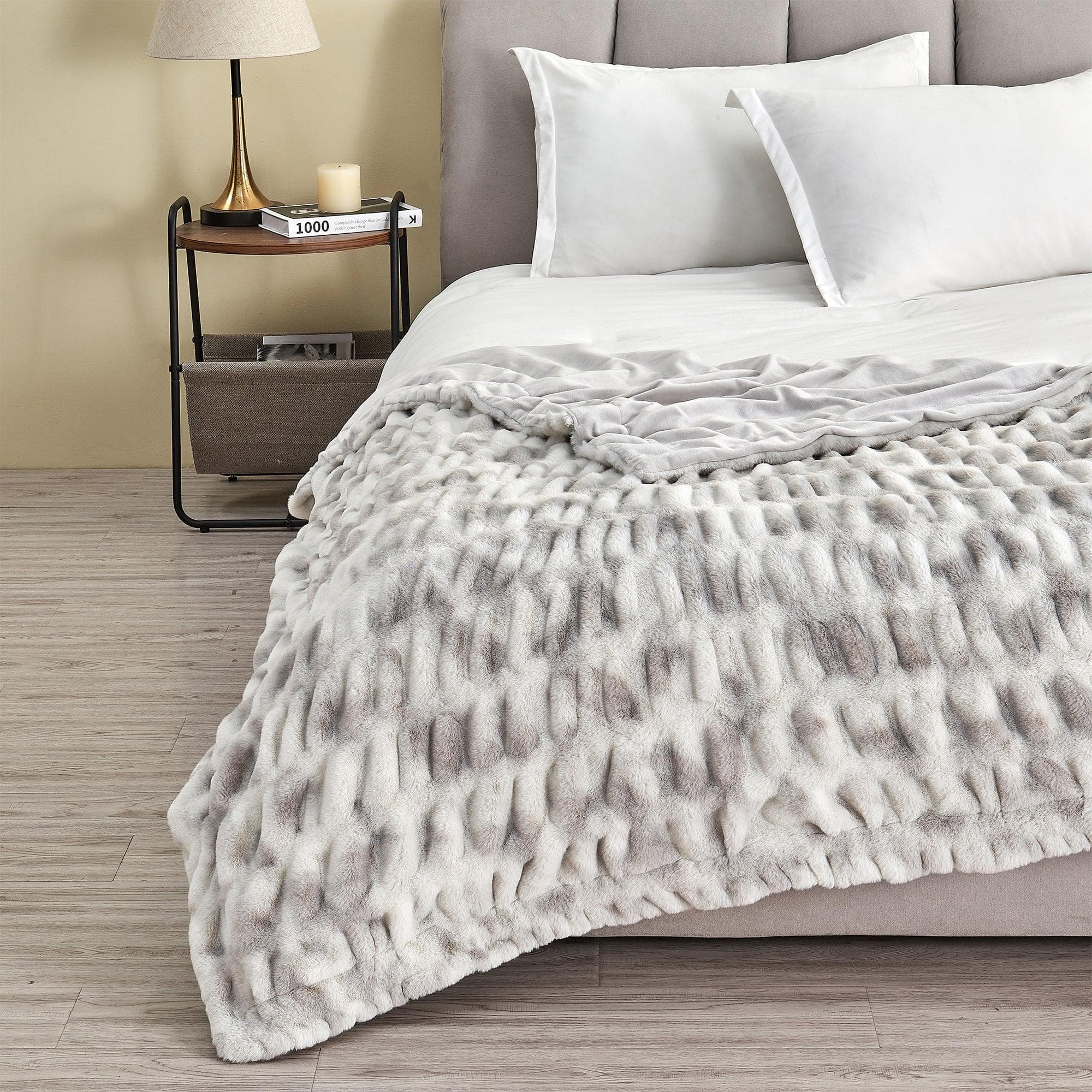 Ruched Faux Fur Throw Blanket – Alondra Collection 50" x 60" Throw White Grey