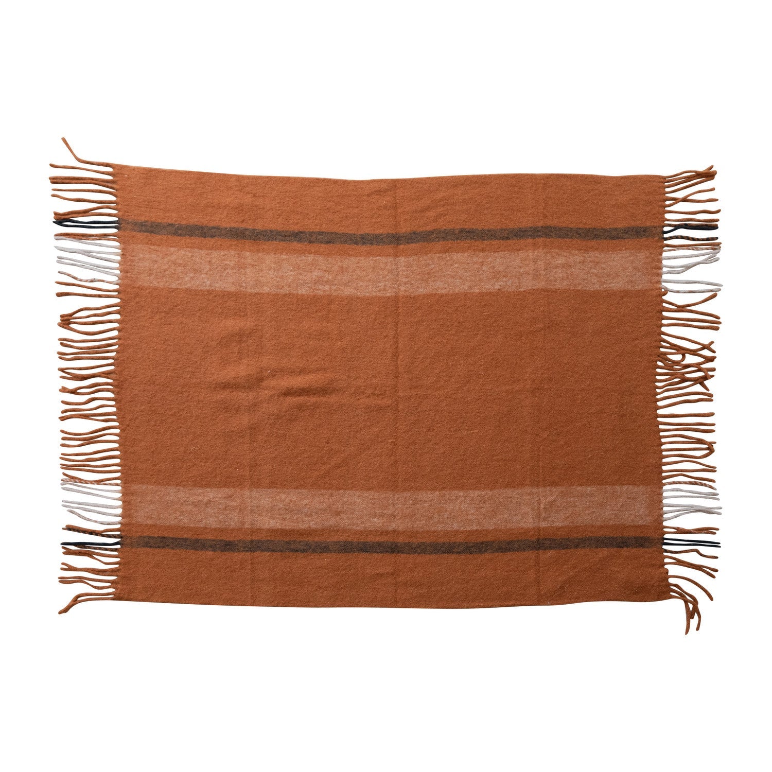 Brushed Orange Acrylic & New Zealand Wool Throw Blanket with Stripes & Fringe Main image