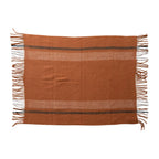 Brushed Orange Acrylic & New Zealand Wool Throw Blanket with Stripes & Fringe