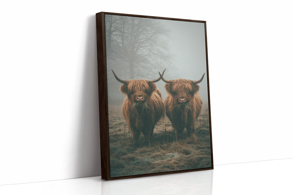 Gentle Giants Beneath Misty Skies Brown Framed Canvas