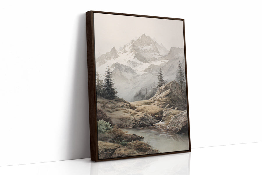 Where Mountains Breathe Softly Brown Framed Canvas