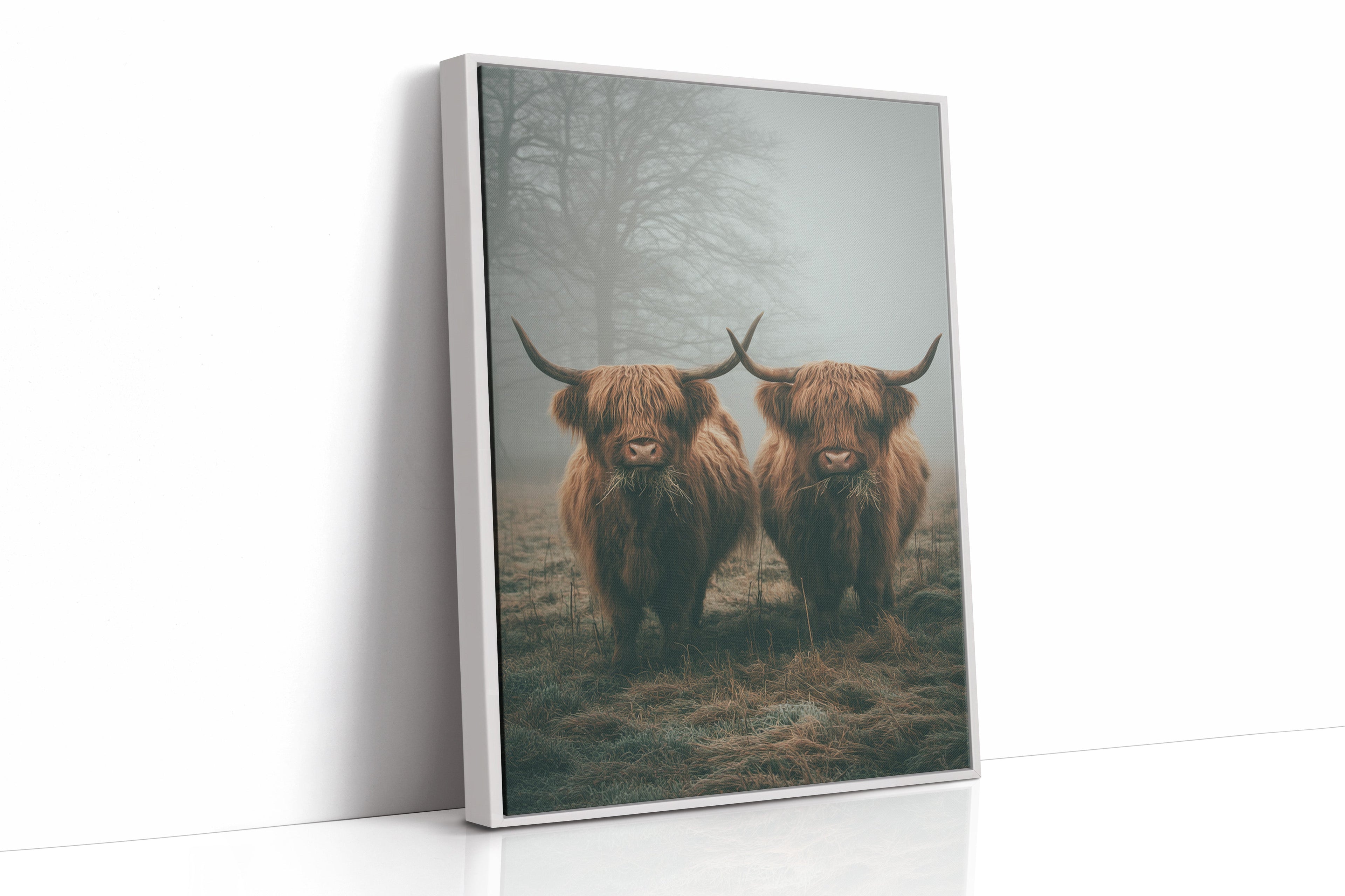 Gentle Giants Beneath Misty Skies White Framed Canvas