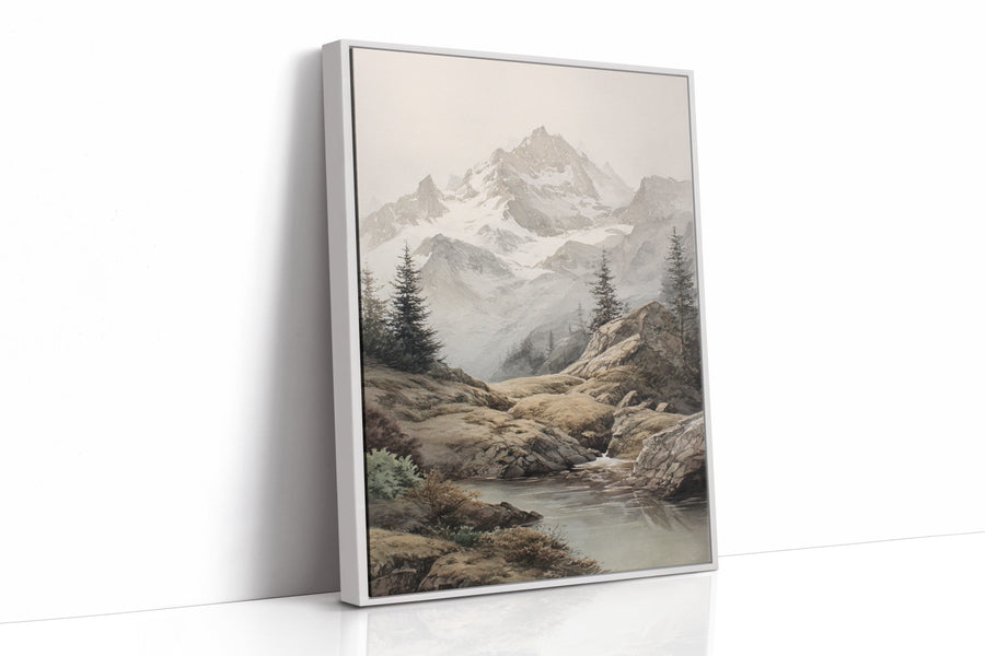 Where Mountains Breathe Softly White Framed Canvas