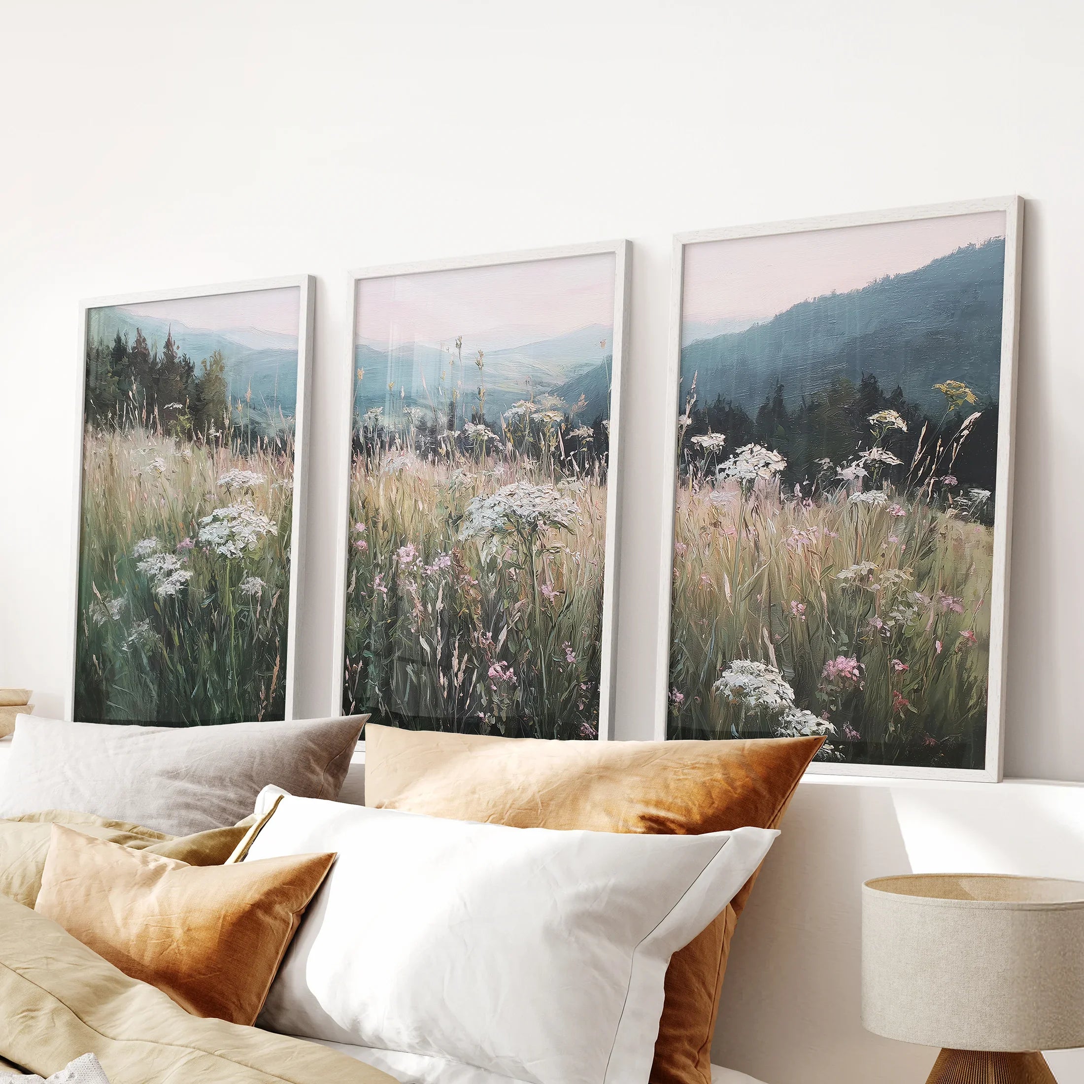 Meadow Landscape Wall Art Set of 3. Nature Prints Framed: White Oak
