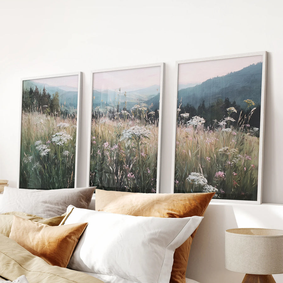Meadow Landscape Wall Art Set of 3. Nature Prints Framed: White Oak