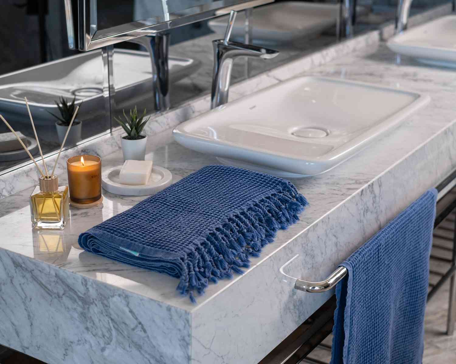 Waffle Turkish Towel Dark Blue Bath&Hand Towel(Set)