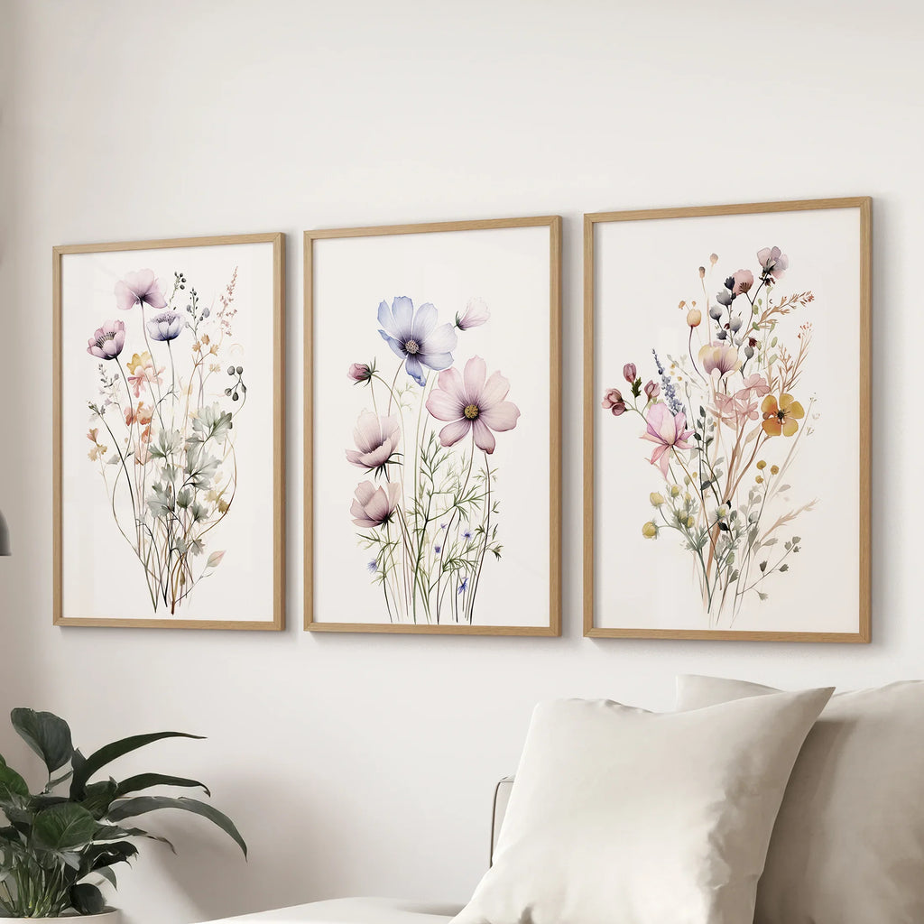 Watercolor Floral Wall Art. Set of 3 Botanical Prints Unframed