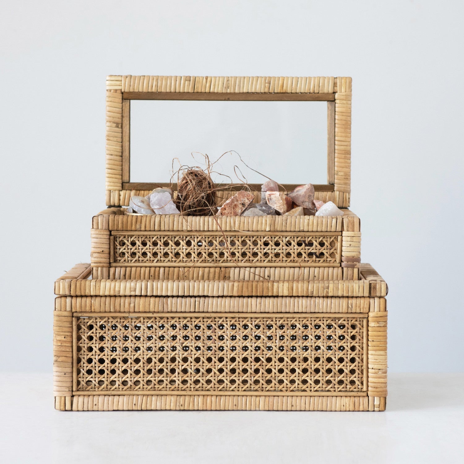 Woven Rattan Wood Display Boxes with Glass Lid | 2 Sizes Secondary image